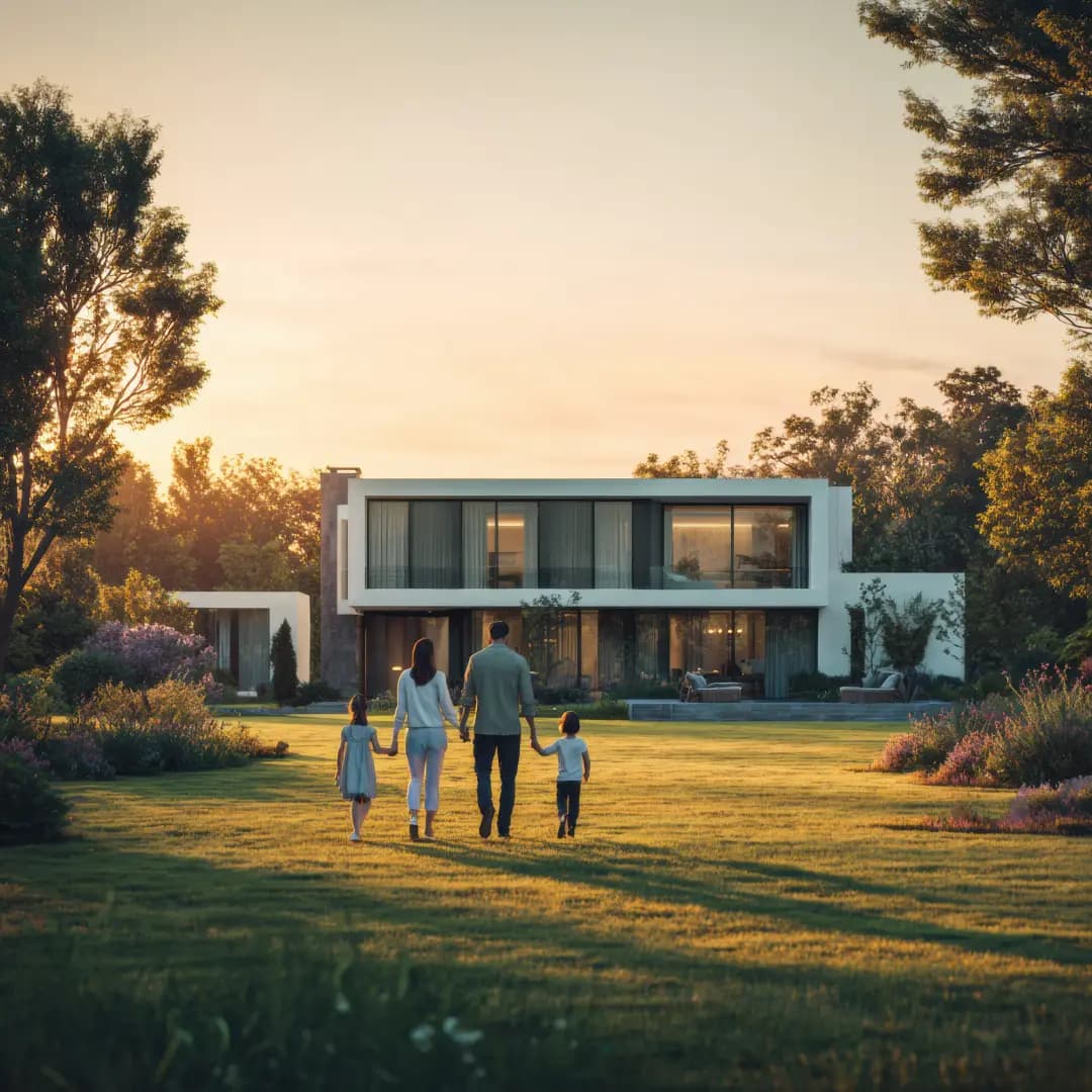 Familie vor modernem Haus bei Sonnenuntergang