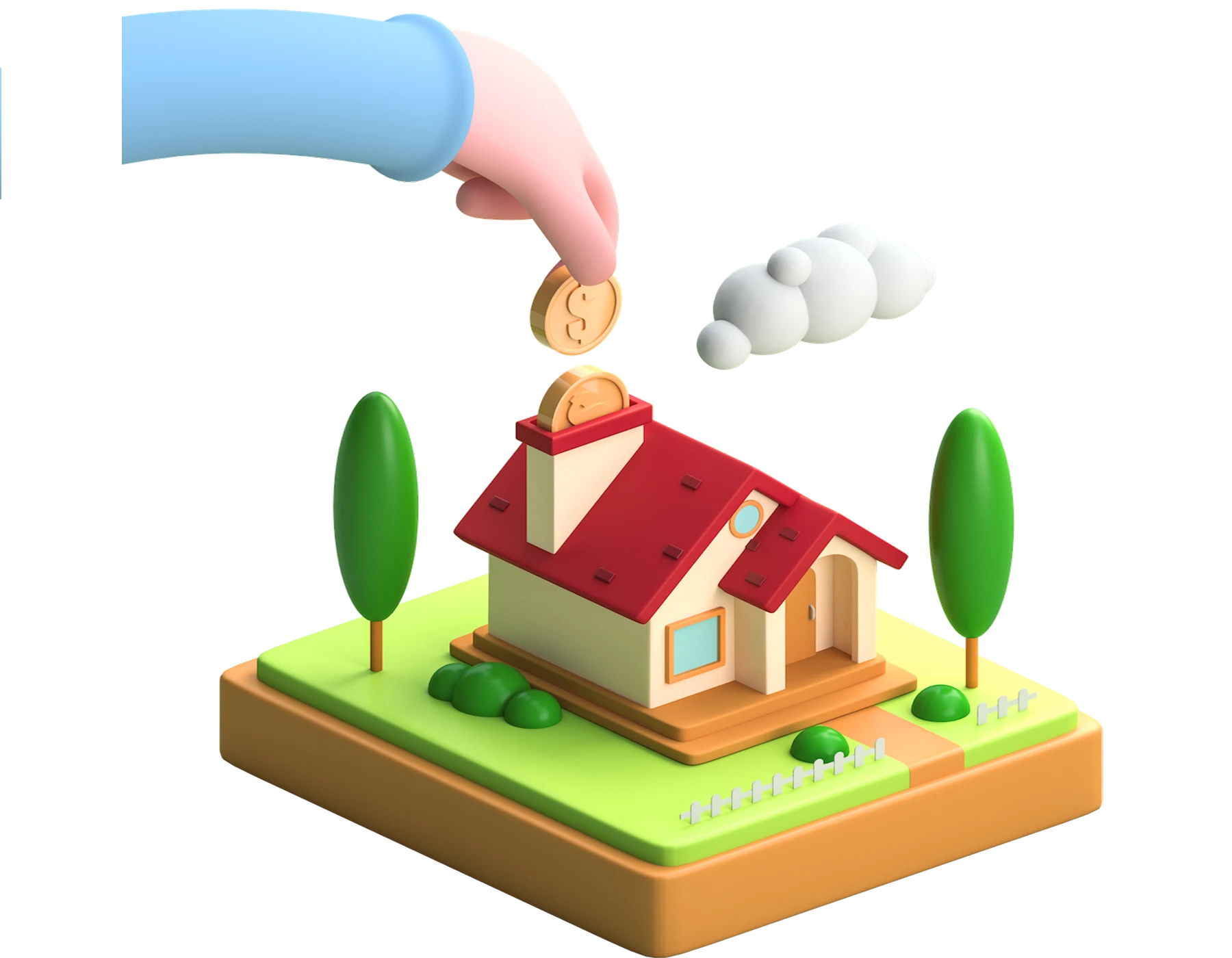 Baufinanzierung - 3D Haus mit Hand und Münze