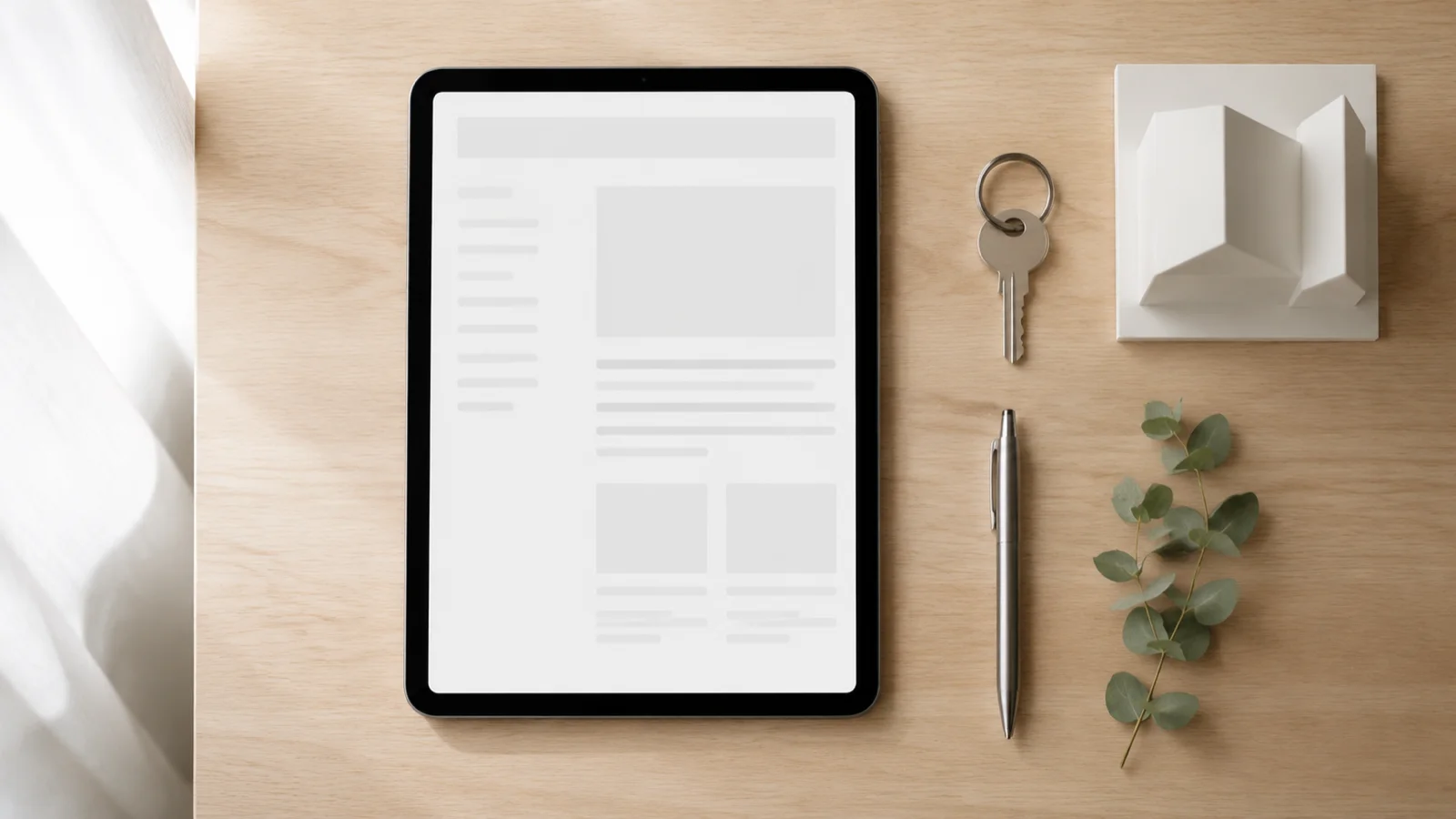 Modernes Tablet mit Dokumenten-Layout, Edelstahlschlüssel an Schlüsselring und Eukalyptuszweig auf hellem Eichenholz — geerbtes Haus verkaufen in Mönchengladbach