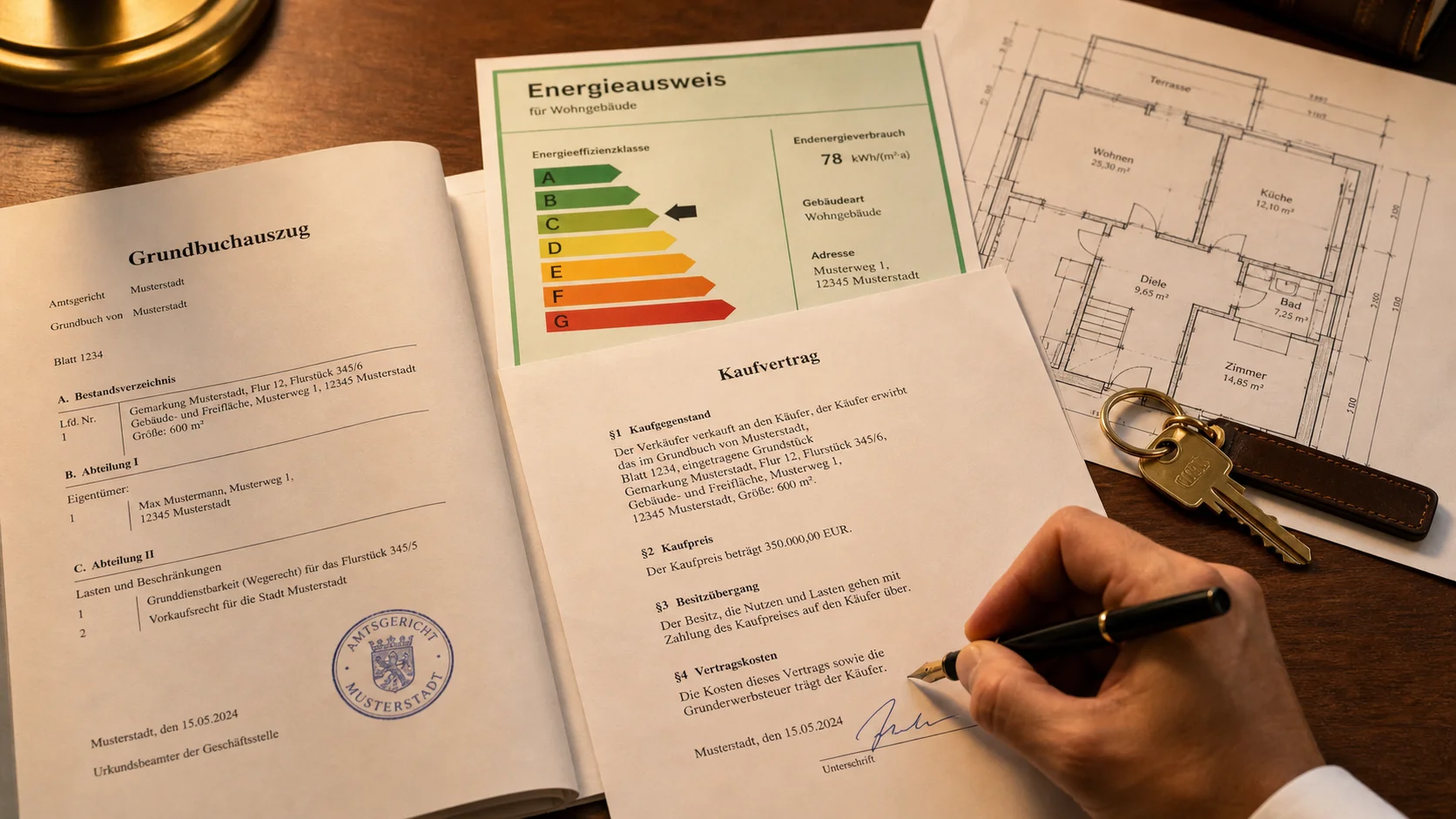 Unterlagen, Grundbuchauszug und Schlüsselübergabe beim Hausverkauf in <a href=